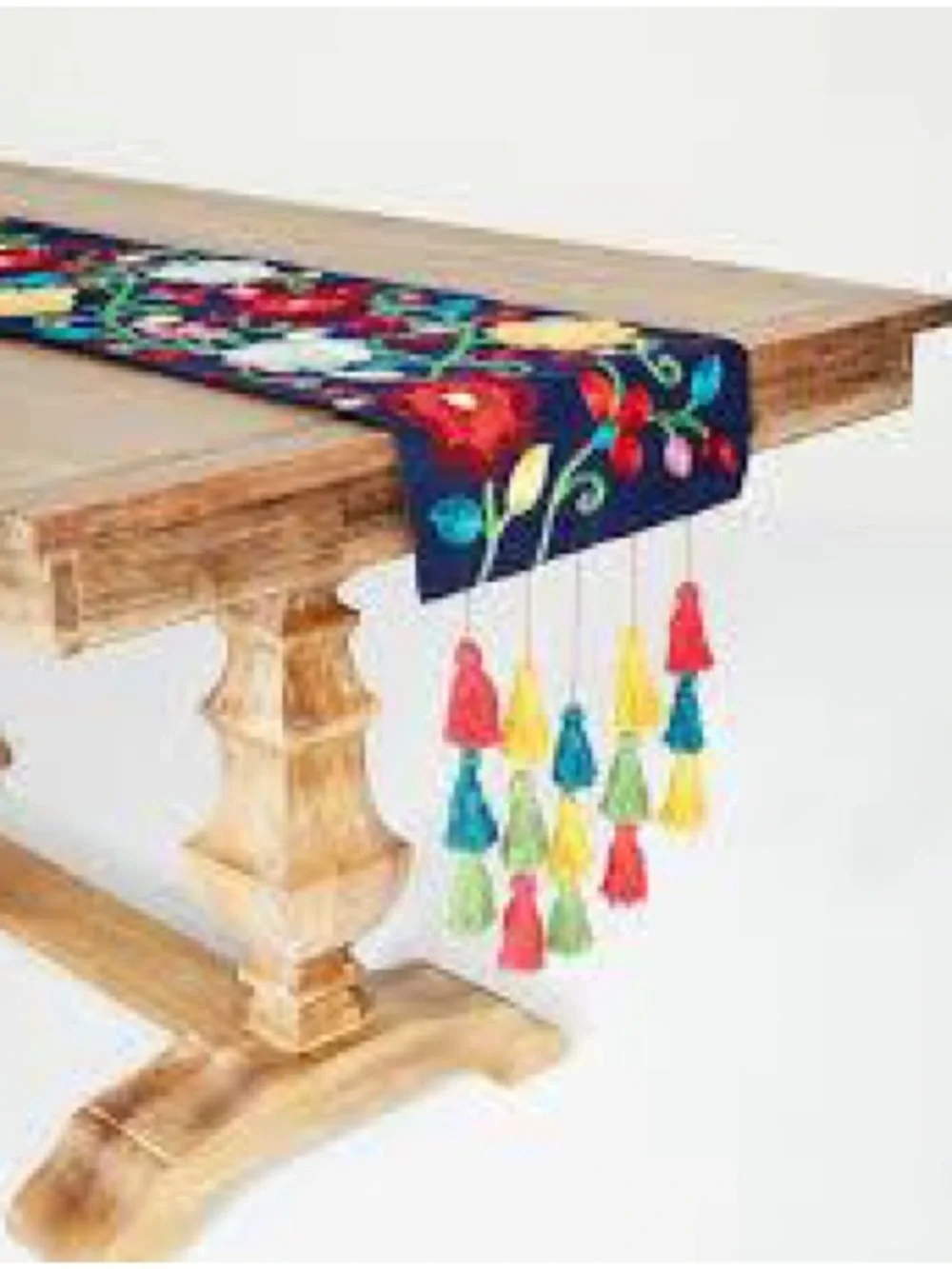 Pier 1 Fiesta Navy Embroidered Floral Table Runner with Multicolor Tassels